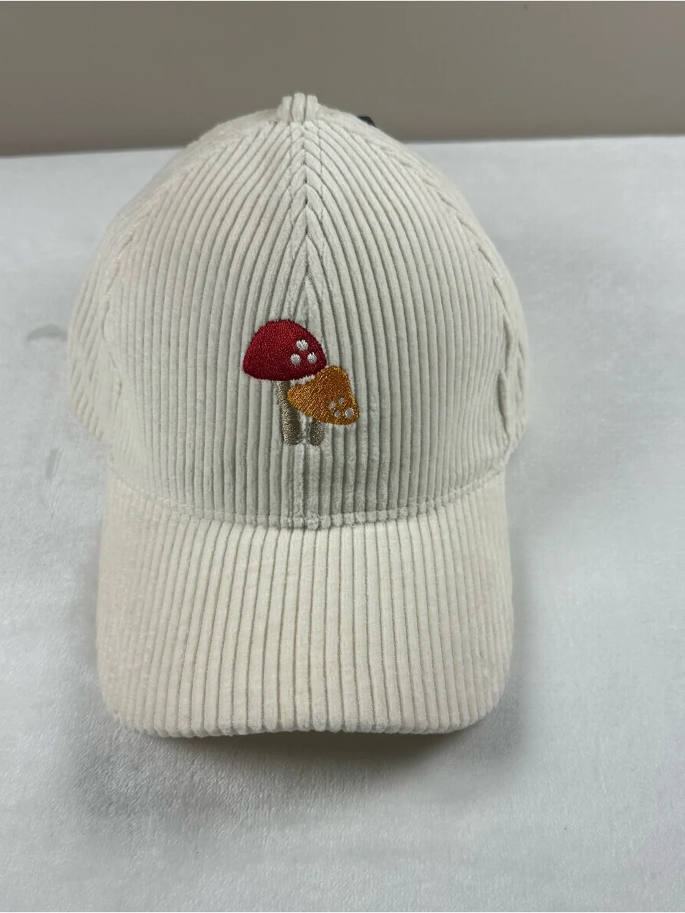 Cream Corduroy Baseball Cap with Embroidered Red & Mustard Mushrooms
